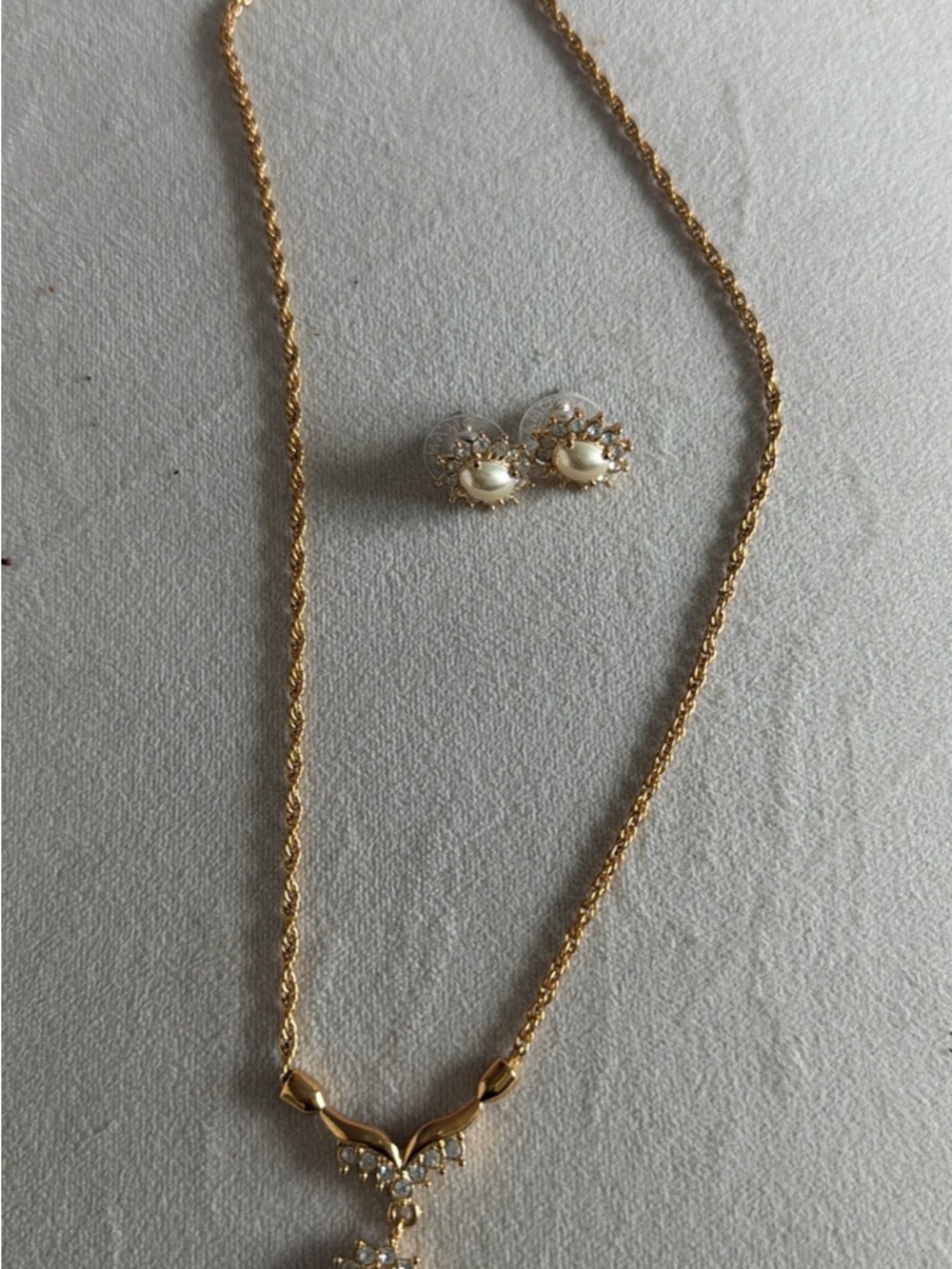 Gold Pearl Accent Necklace and Stud Earring Set